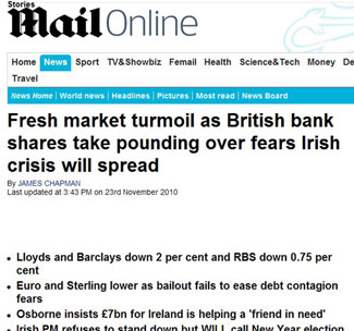 Fresh market turmoil as British bank shares take pounding over fears Irish crisis will spread